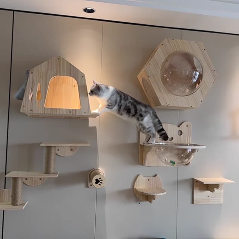 Wall Cat Tree Wooden Furniture Tiragraffi Jumping Platform Rope Scale Sleeping and Playing Cat Climbing Rack
