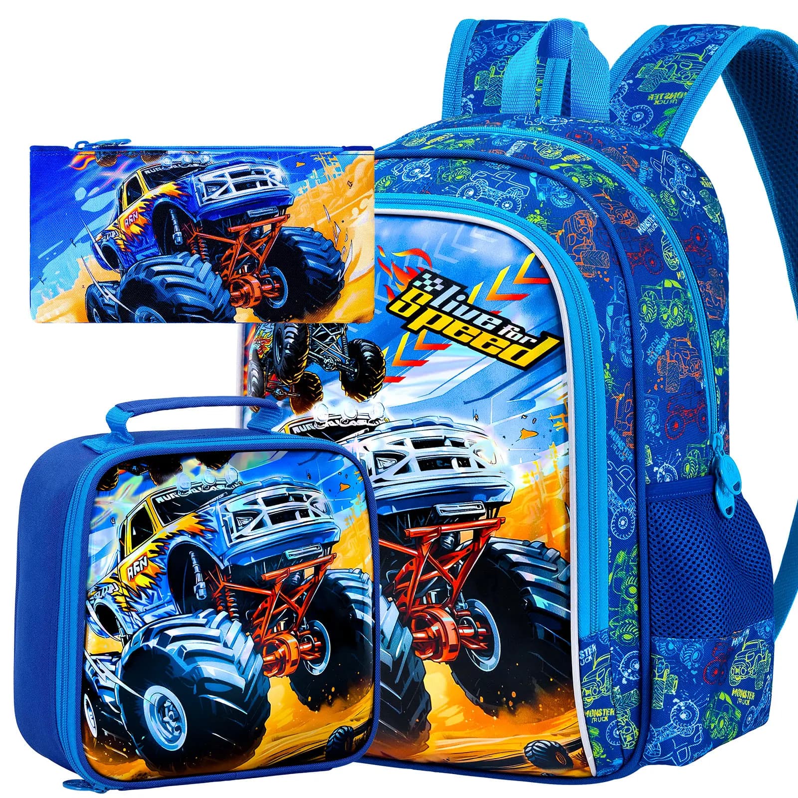 3 Piece Boy Truck Backpack, Children Car Backpack with Lunch Box, Children's Water Resistant School Bag