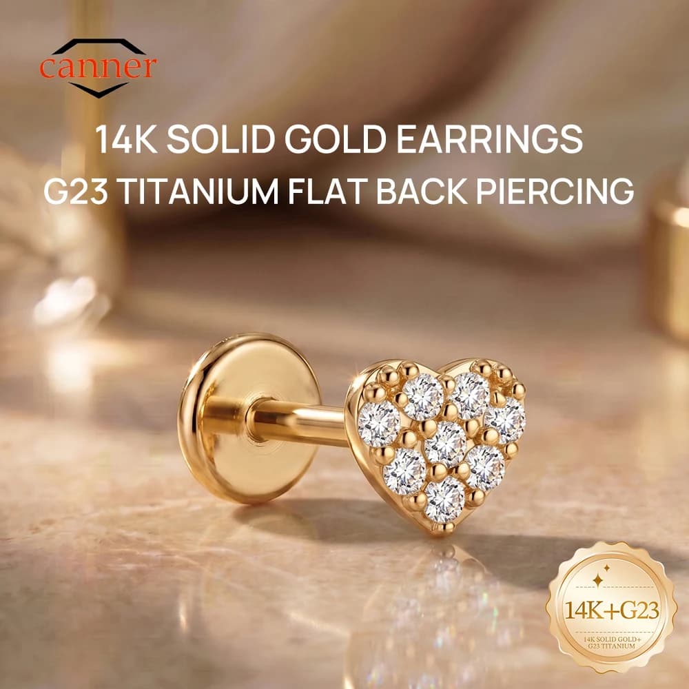 CANNER 14K Solid Gold Heart Flat Back Cartilage Earring Helix Tragus Conch Labret CZ Internal Threaded G23 Titanium Ear Jewelry