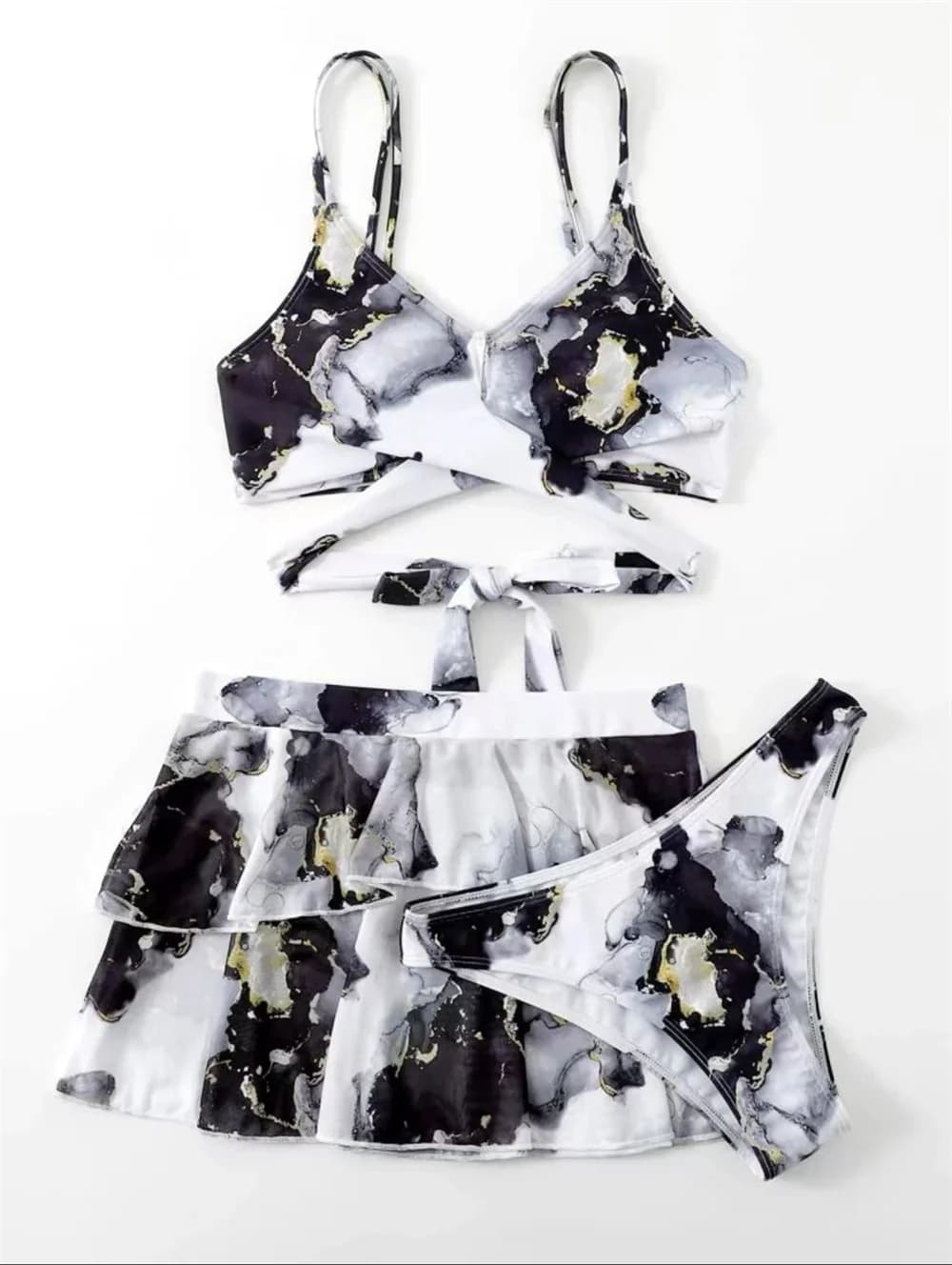 Stampa Punk Bikini perizoma fasciatura Push Up costume da bagno di lusso Y2K Ruffles gonna tendenza vacanza costumi da bagno 3 pezzi donna Bikini da spiaggia