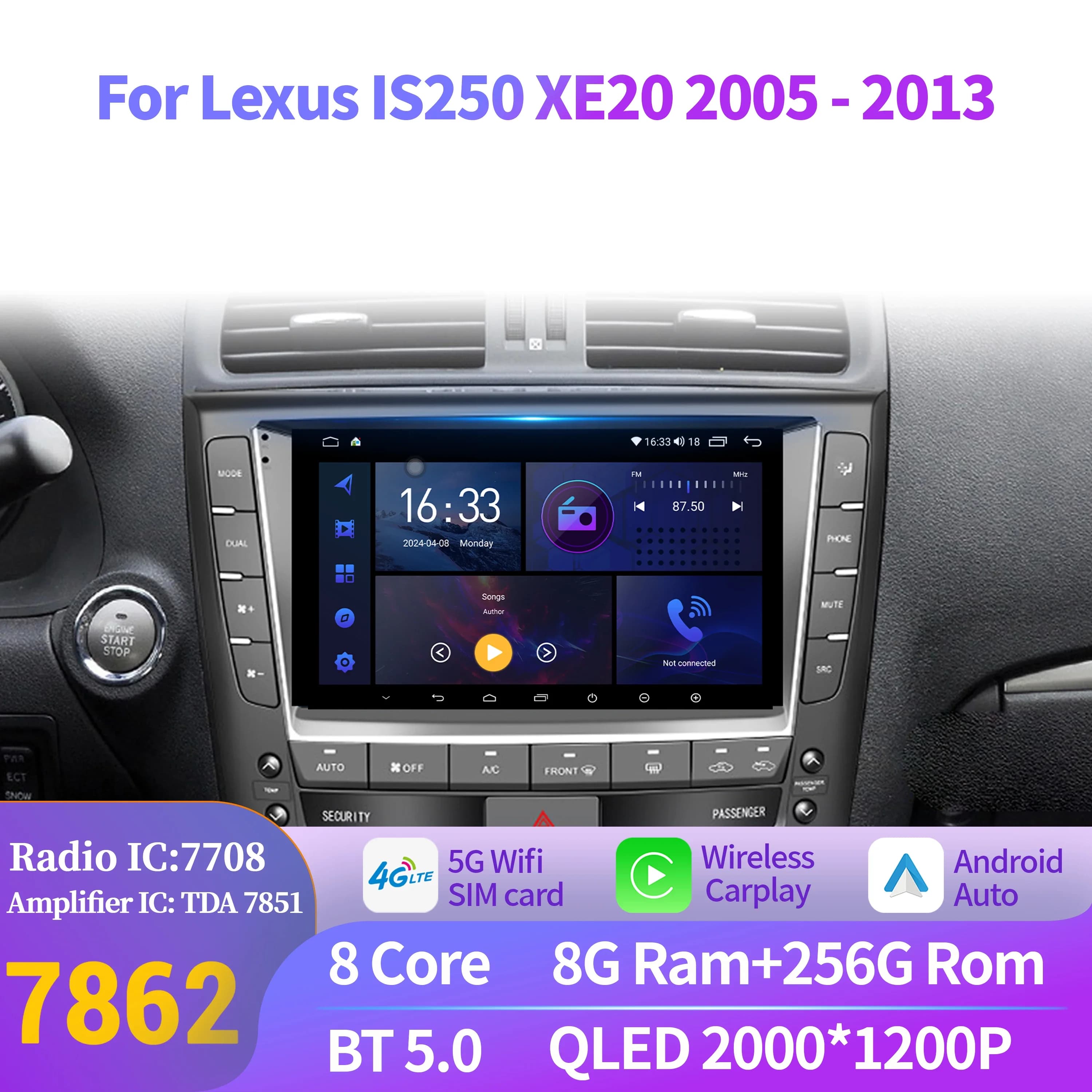 Per Lexus IS250 XE20 2005-2013 Autoradio Lettore Video Multimediale di Navigazione CarPlay Android 14 Auto 4G Universale 2K QLED Schermo