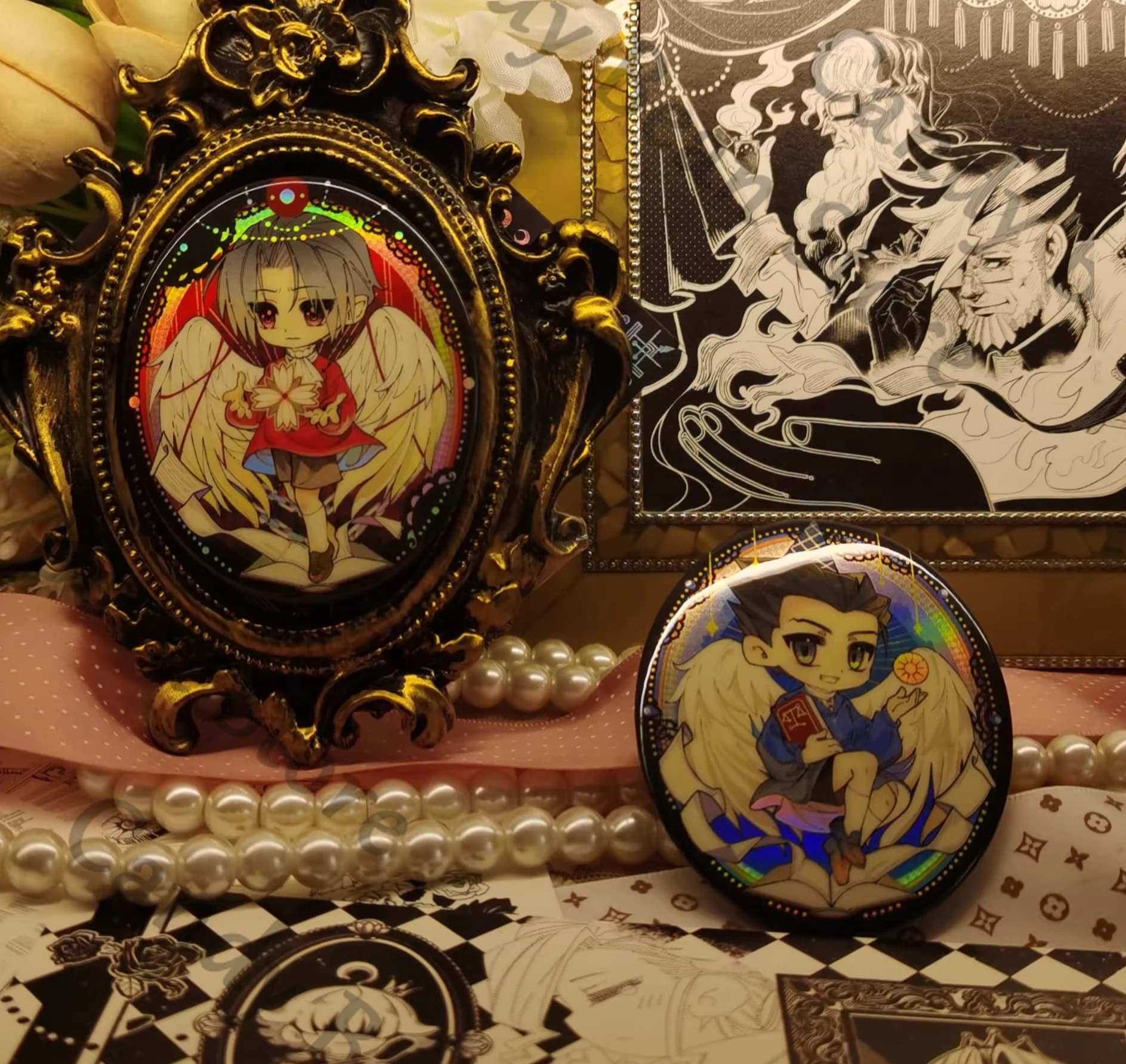 Ace Attorney Miles Edgeworth Phoenix Wright Anime Cosplay Flash Laser Badge Emblem Cartoon Brooch Breastpin Card Postcard Gift