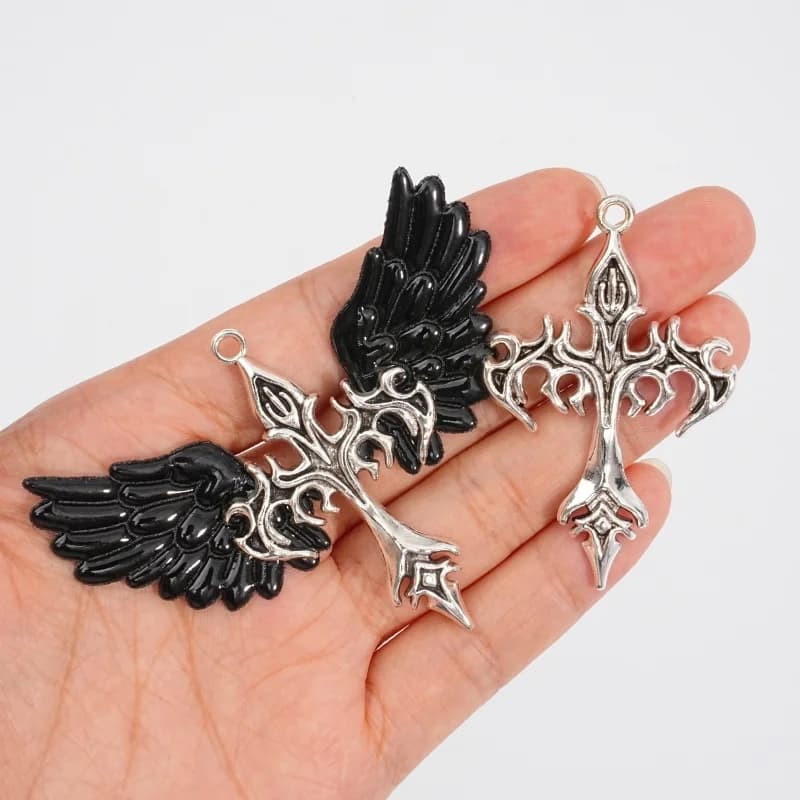 1Pc Gothic Mixed Silver Cross and Black Angel Wing Curse Cross Pendant DIY Necklace Bracelet Jewelry Making Accessories