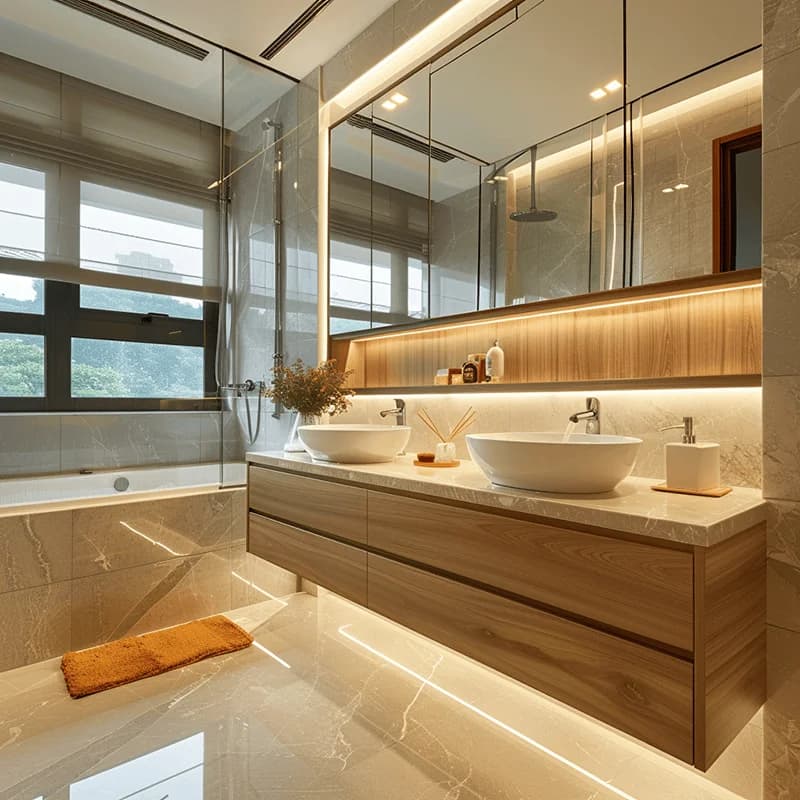 Mobile Bagno Sospeso di Lusso Europeo con Doppio Lavabo, Specchio LED e Lavabo in Ceramica, per Appartamento in Vendita