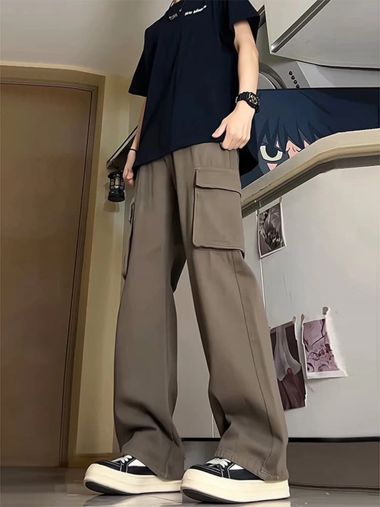 Jeans Vintage da Uomo a Gamba Dritta, Pantaloni da Lavoro Marroni, Vita Alta, Lunghezza Estesa, Casual, Moda Primavera-Autunno, in Poliestere