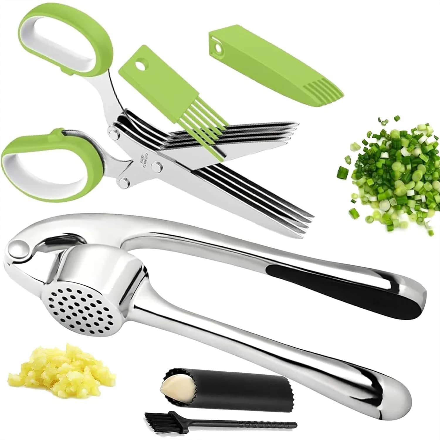 Stainless Steel Garlic Press, 2 in 1 Garlic Mincer & Herb Scissors, Dishwasher Safe Kitchen Tool with Peeler and Brush
