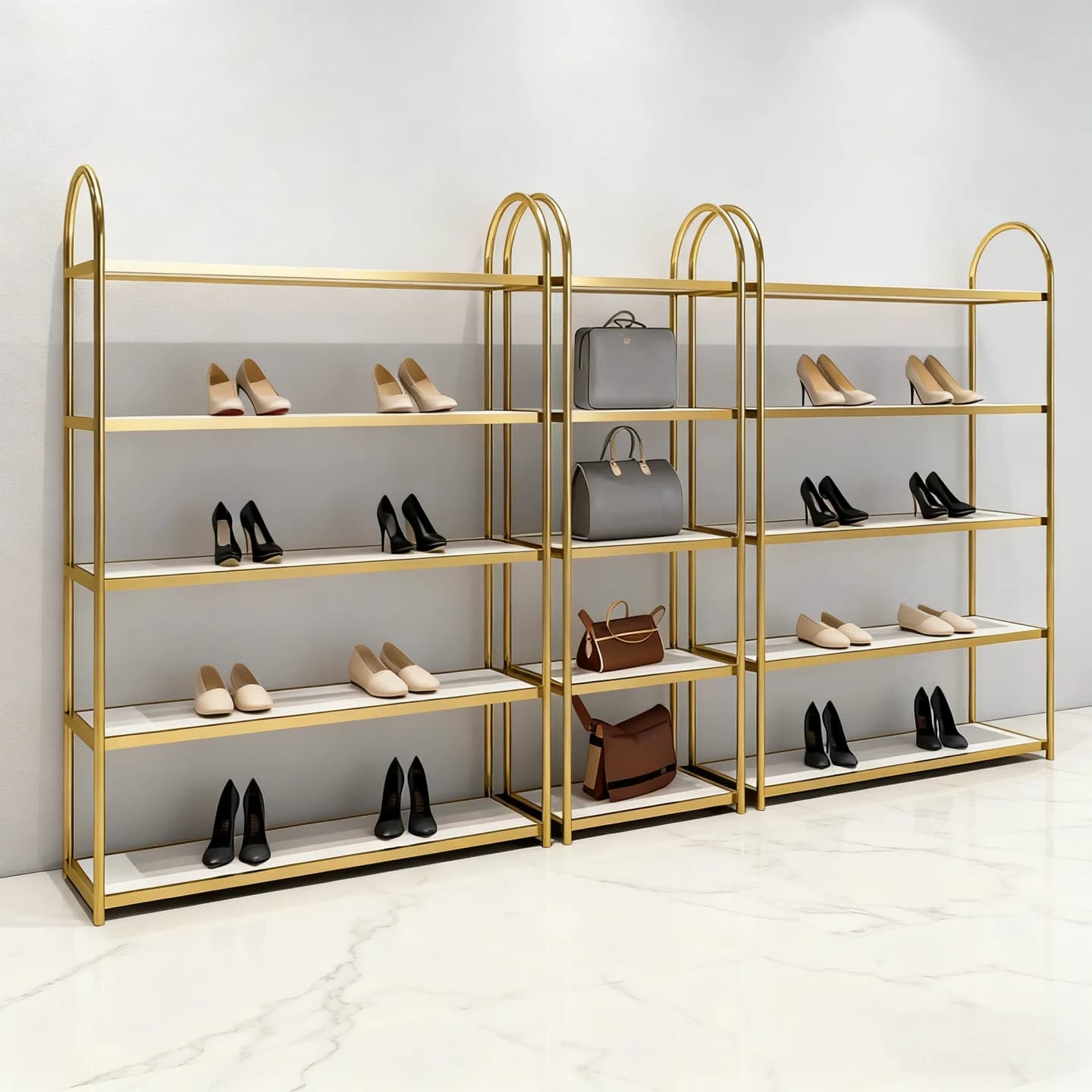 Espositore per scarpe da negozio, scaffale multi-strato per borse da negozio di abbigliamento, scaffale da terra in acciaio inossidabile titanio spazzolato per scarpe