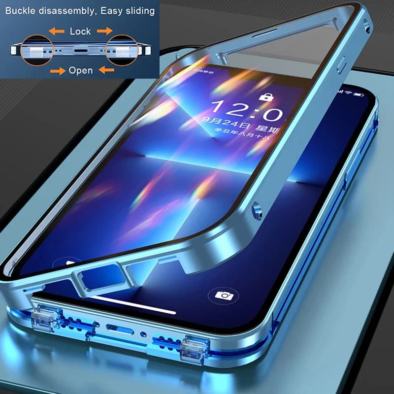 360° Metal Magnetic Double Sided Glass Cover With Lens Protection For iPhone16 14 15 Pro Max For iPhone13 12 11 Double Lock Cas