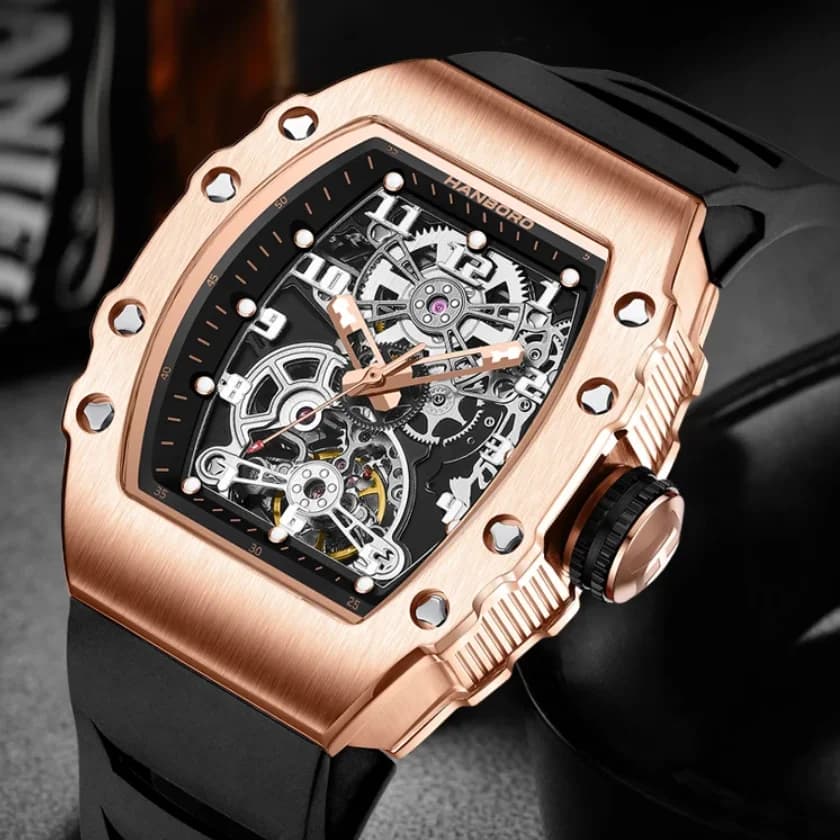 HANBORO Orologio Automatico da Uomo 50mm Tonneau Meccanico da Polso Cassa Luminosa Quadrante Scheletrato Impermeabile 50m Vetro Zaffiro
