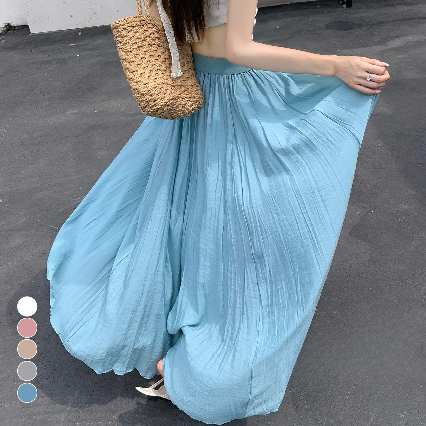 Seoulish 2026 Summer Cotton Linen Pleated Maxi Skirt Elegant Elastic Waist Flowy Big Swing A Line Umbrella Long Skirt for Women