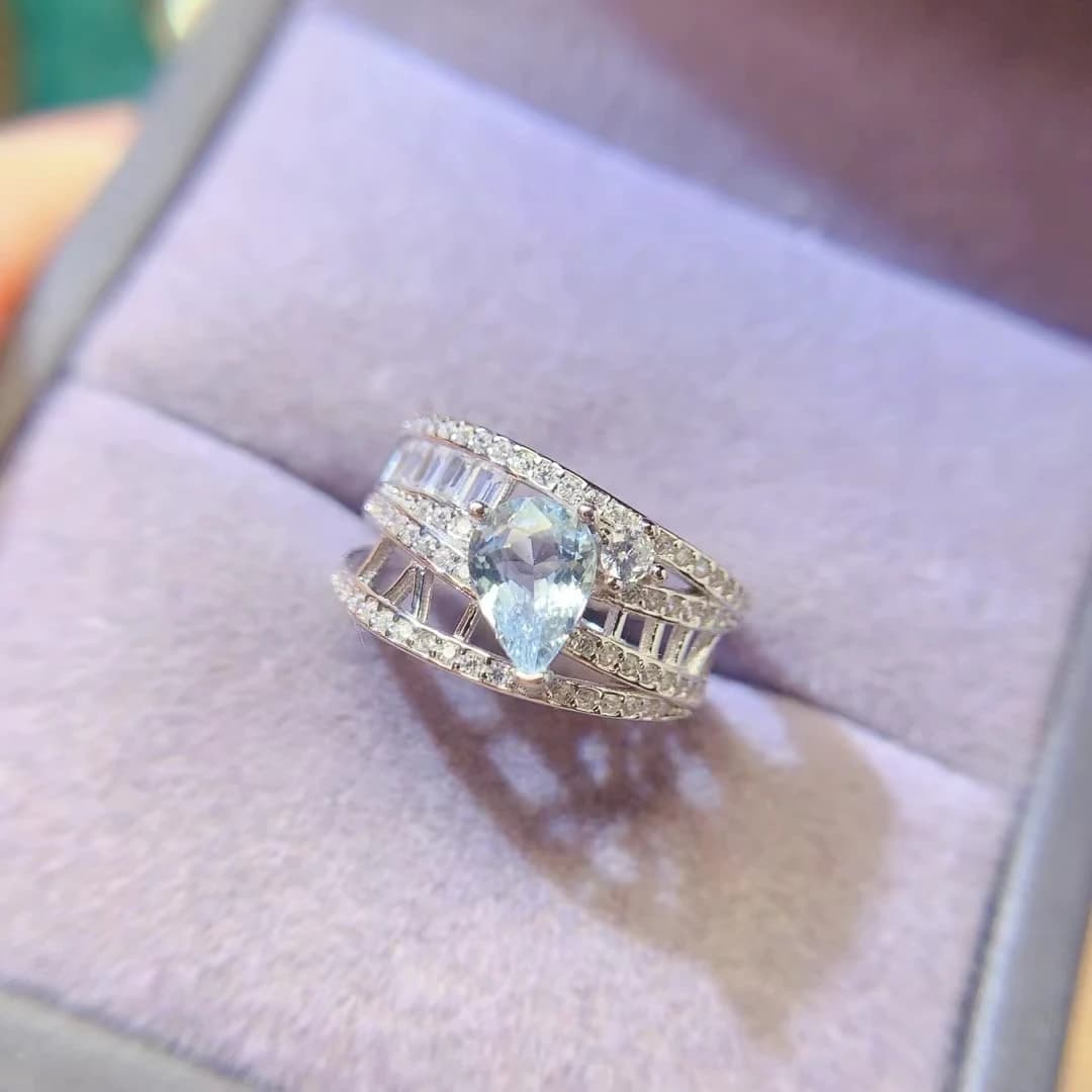 KJJEAXCMY Anello acquamarina naturale Argento S925, processo di colore di bloccaggio elettrolitico, elevata chiarezza Pieno di lucentezza Test di supporto