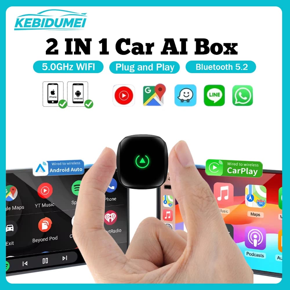 KEBIDUMEI Wired A Wireless Car AI Box Bluetooth5.2 5GHz WiFi Carplay 2in1 Mini Adattatore Plug & Play Smart Dongle Accessori Auto