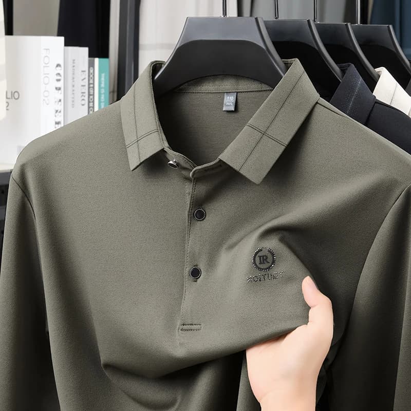 TFETTERS Marca 2025 Autunno Elegante T-shirt da golf da uomo Manica lunga Colletto rovesciato Morbido elasticizzato Top da lavoro antirughe