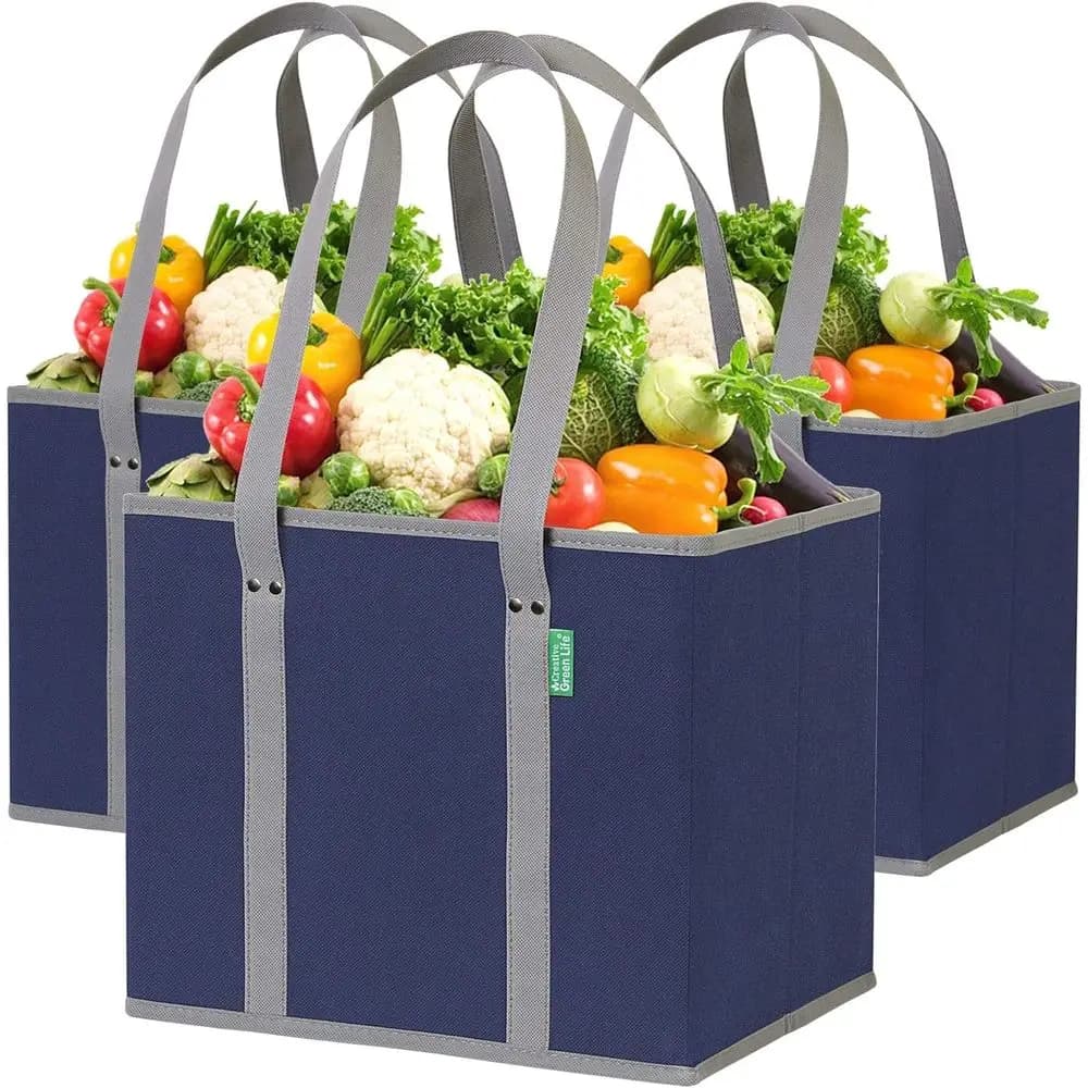Borse riutilizzabili per la spesa (confezione da 3) – Borse riutilizzabili resistenti a forma di scatola per stare dritte, rimanere aperte, modello Old Lat – Borsa tote grande B