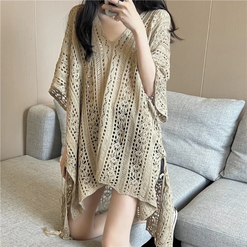 Copricostume Casual Oversize Traforato a V, Copricostume Lavorato a Maglia Sciolto, Copricostume a Rete da Pesca a Maniche Lunghe per Spiaggia e Piscina