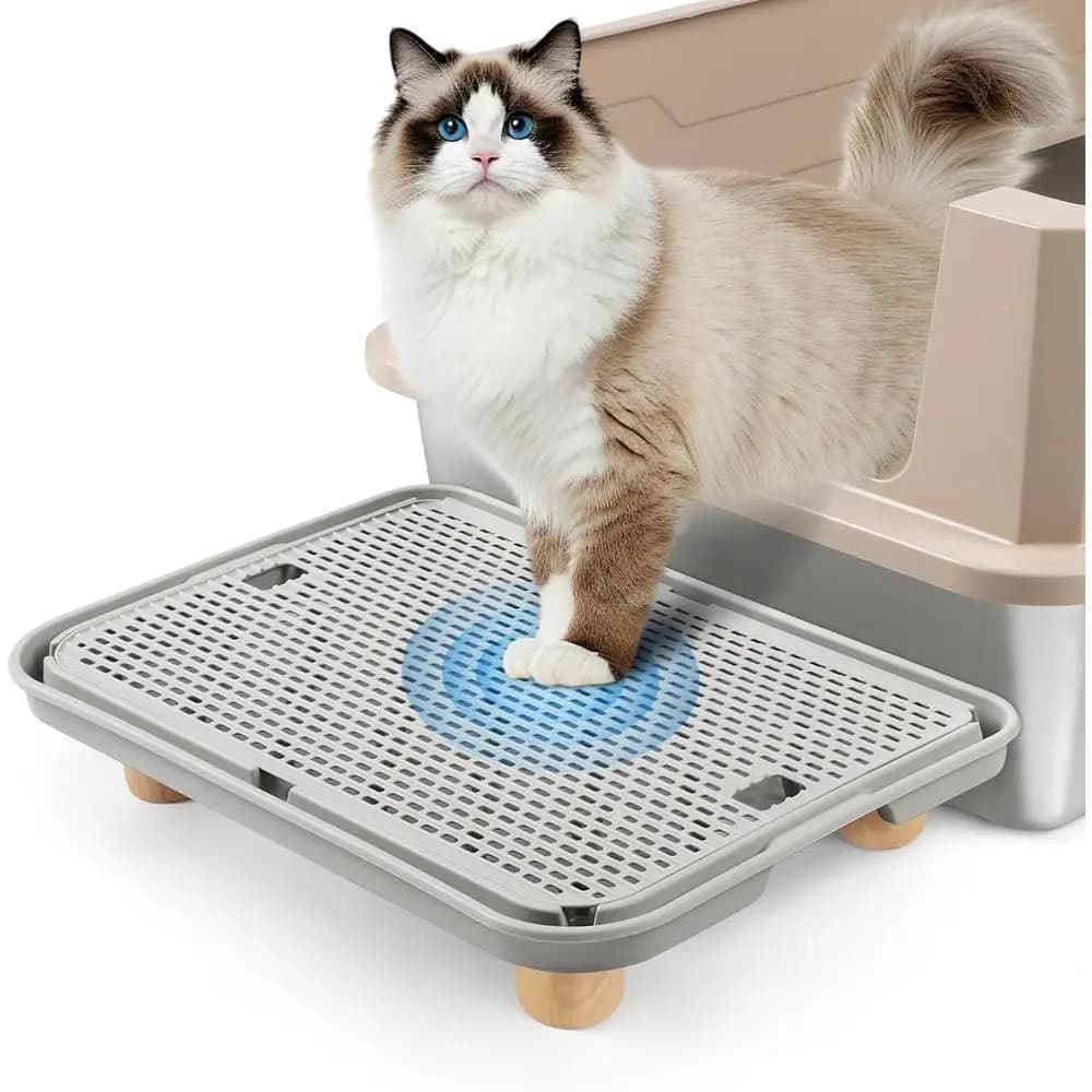 Lettiera per Gatti con Base in Legno, Facile da Pulire, Attivazione a Pedale per Gattini e Gatti Anziani, Grigio Chiaro