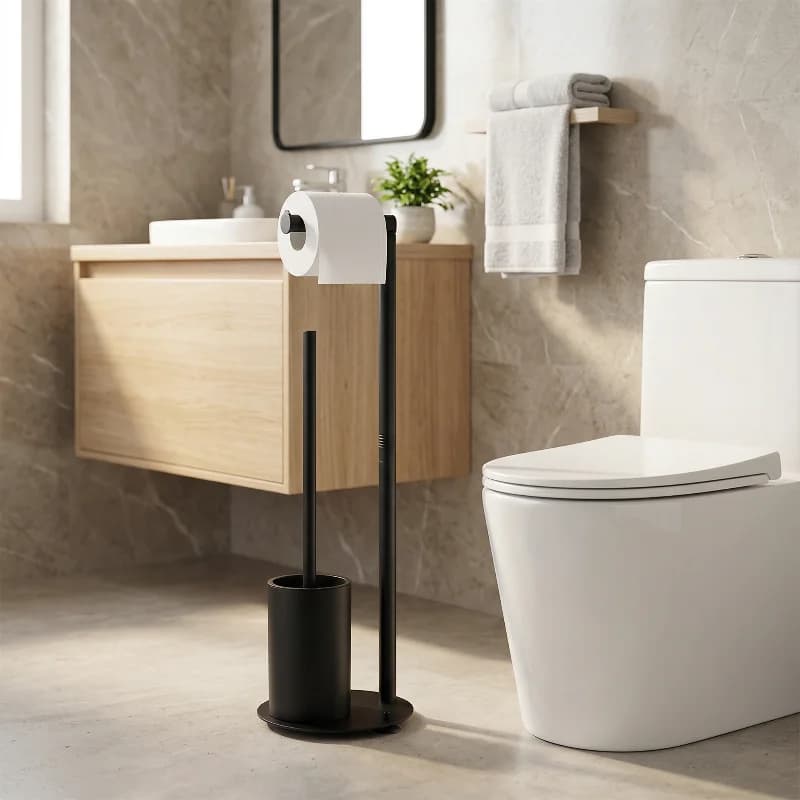 Portarotolo da terra multifunzione per bagno, porta carta igienica nero, porta scopino WC