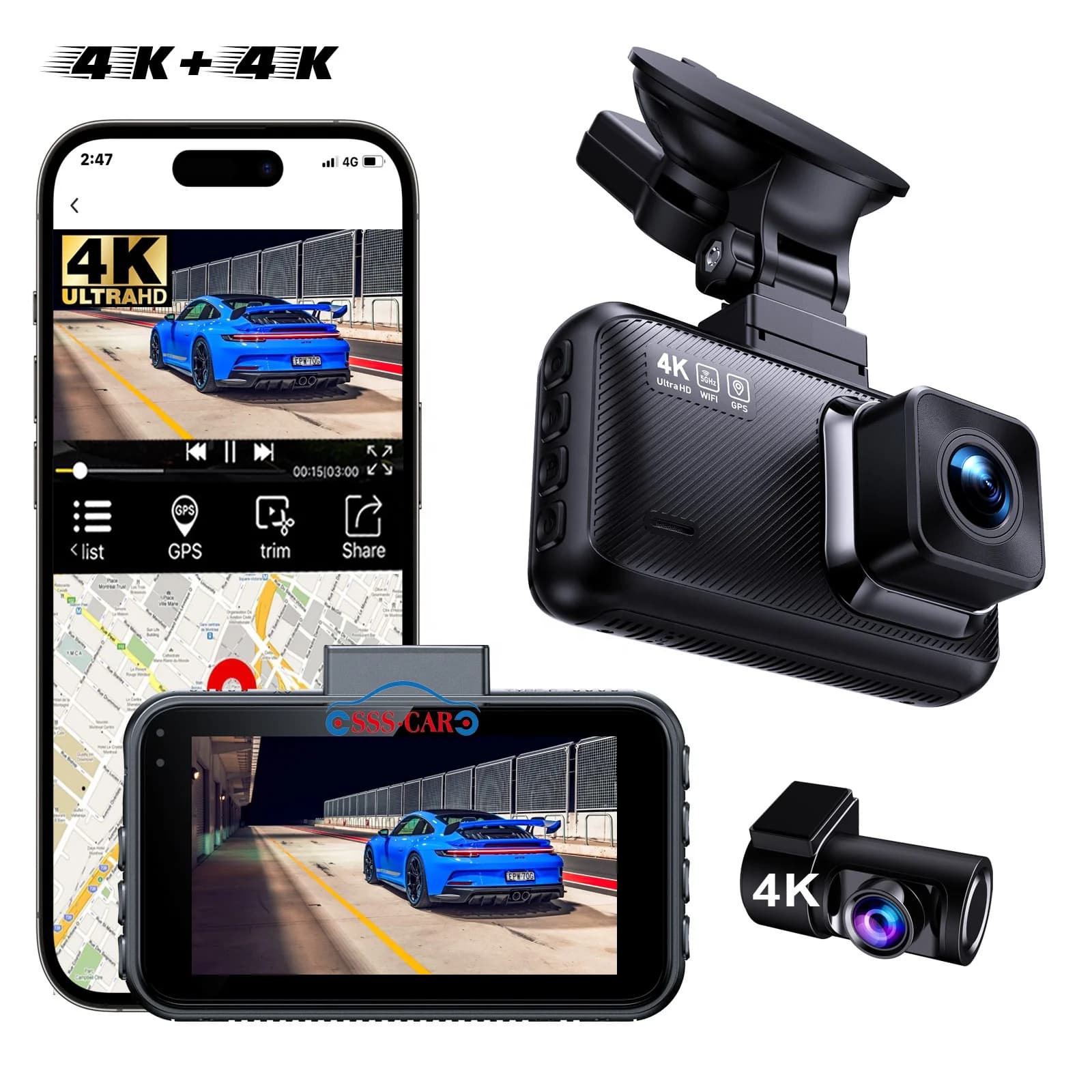 new 4K+4K Dual Lens Dash Camera Car Black Box DASHCAM Front and Rear 4k Dual Camera Built-in WIFI and GPS hd DUAL 4K DASH CAM