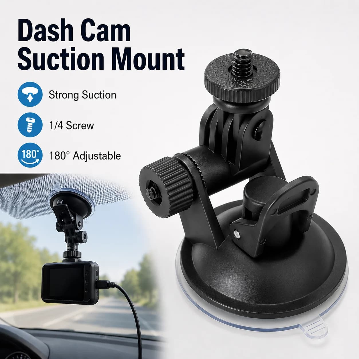 Dash Cam Suction Cup Holder Car Windshield Mount 1/4 Screw Vehicle Window DVR Recorder Stand