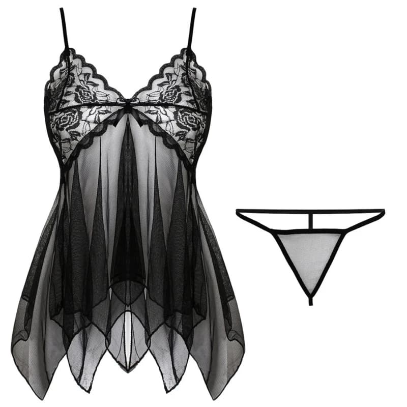 Women Sexy Lace Suspenders Pajamas Gauze Sleepwear Dress Underwear Nighties Seductive Irregular Nightgown Sets