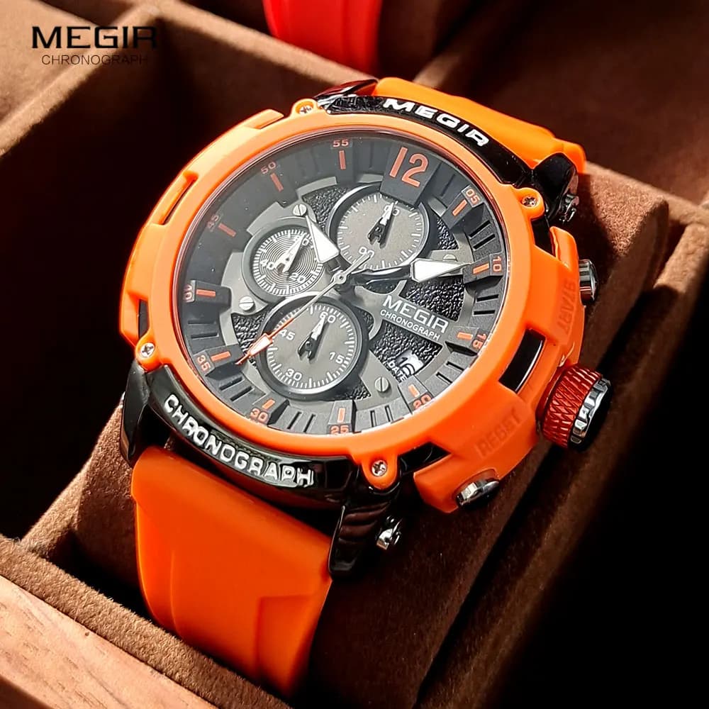 MEGIR Men's Orange Sports Watches Quartz Wrist Watch with Fashionable Waterproof Light Chronograph With Silicone Strap With Automatic Date 2208