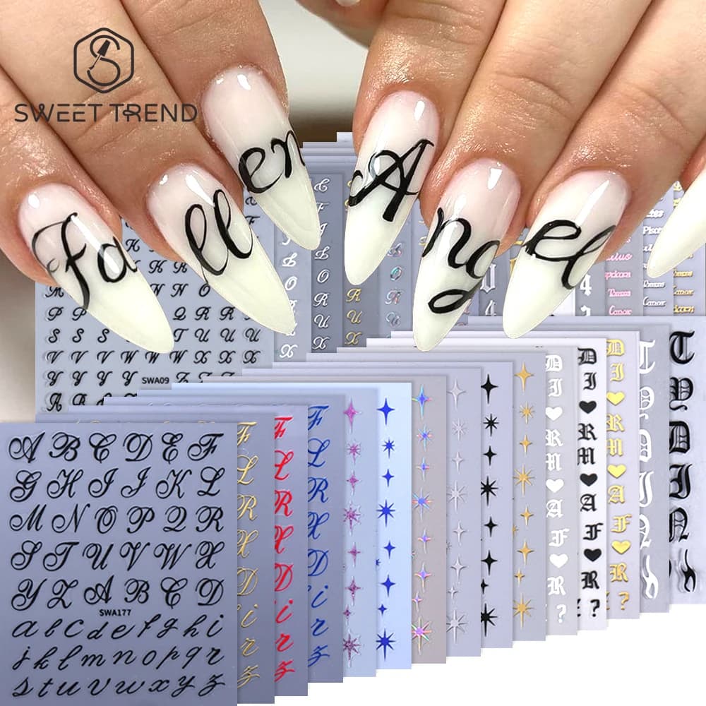 SWEET TREND 4/6/7/10/11pcs Lettera romana Adesivi per unghie Oro Argento Alfabeto Parole inglesi Decorazione per manicure Cursori Decorazione per unghie