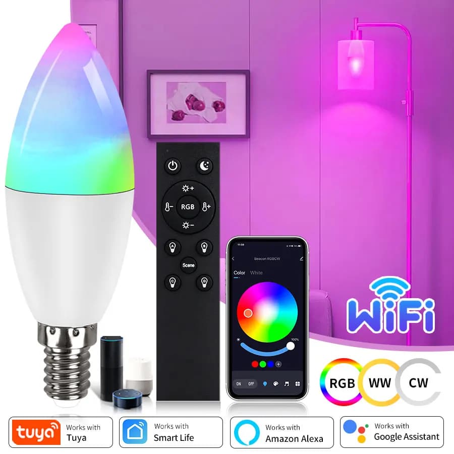 Wifi E14 Led Bulbs 220V 5W 7W 9W Candle Light Tuya Smart Life Spotlight RGB Lamp With RF 2.4G Remote Voice Control Alexa Google