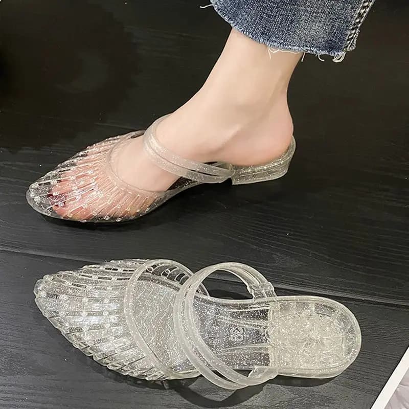 New Pointed Toe Jelly Sandals Women Chunky Heel Mules Woman Glitter Clear Slip On Hollow Out Low Heel Slides Shoes Lady Sandals