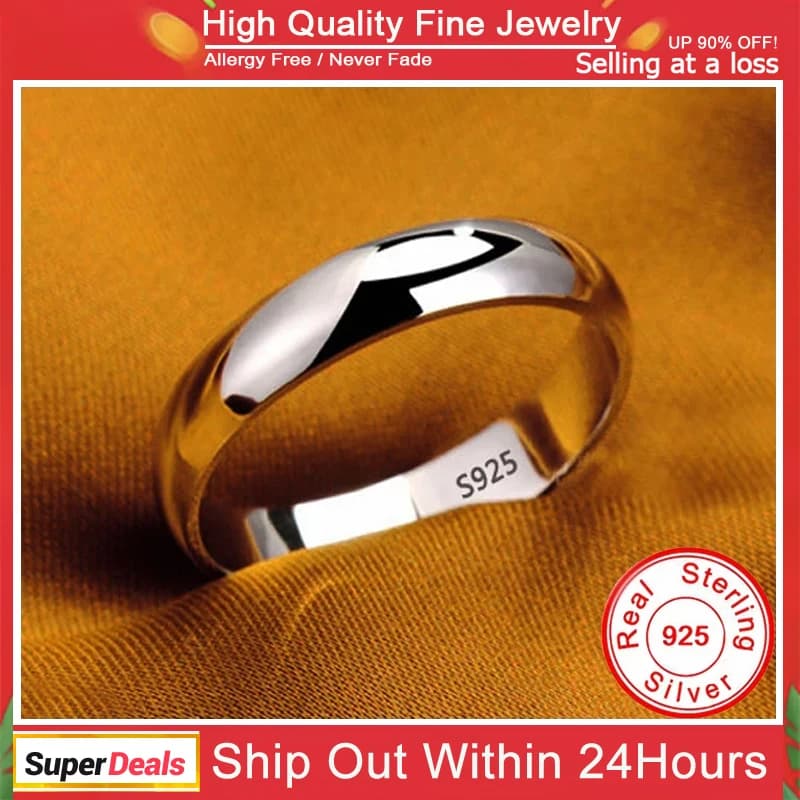Anello in argento tibetano color oro bianco stampato S925 Anelli semplici in acciaio Stanless da 4 mm per uomo Donna Coppia regalo Accessori per gioielli
