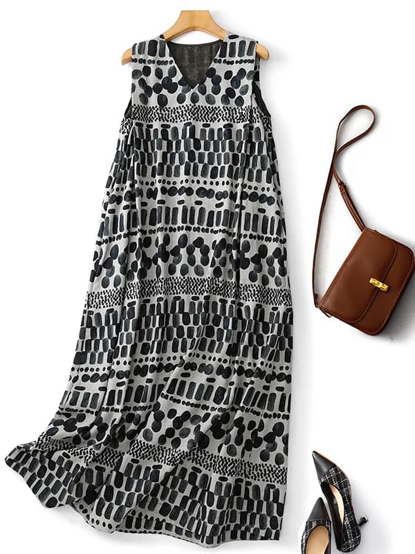 High-End Japanese Style plus Size Cotton Linen Double-Sided Printed Vest Skirt Women's Draped Smooth Sleeveless Dress
