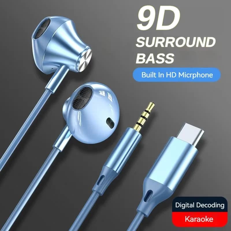 # 9D type C and 3.5 mm stereo headphones Wired earphones Low earphones HiFi for Samsung Speakers with Vivavoce microphone