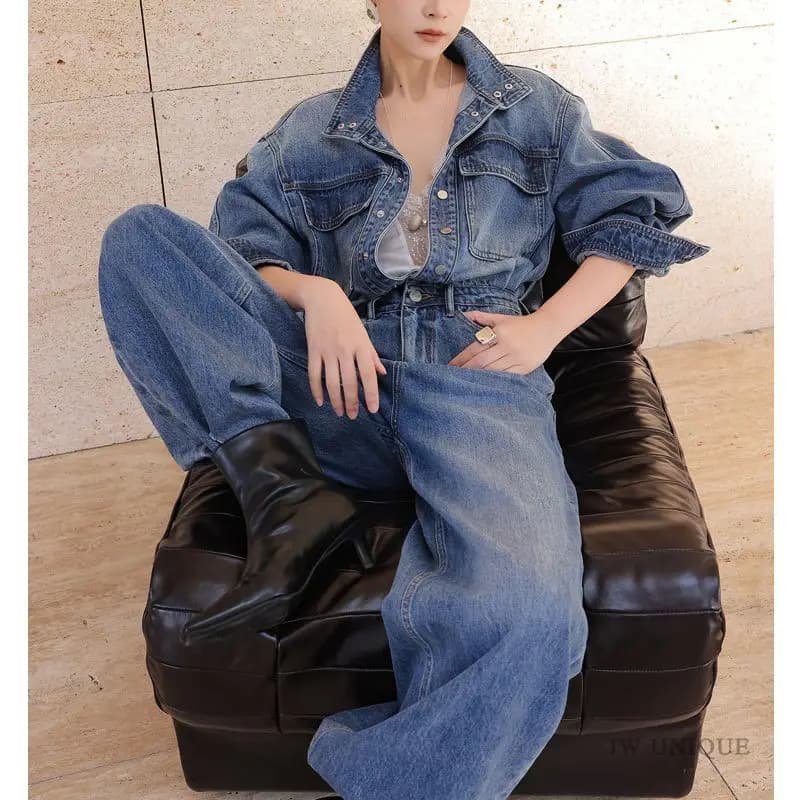 Retro Fashion Versatile Denim Jumpsuit Women'S New Korean Version Stand Up Collar Distressed Wide Leg Pants