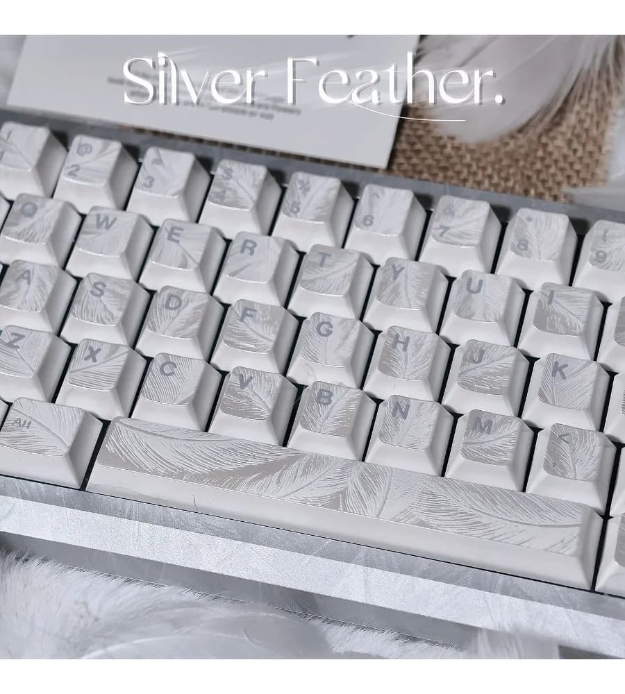 Mint white silver feather embossed feather pattern mechanical keyboard keycap custom magnetic axis PBT hot sublimation
