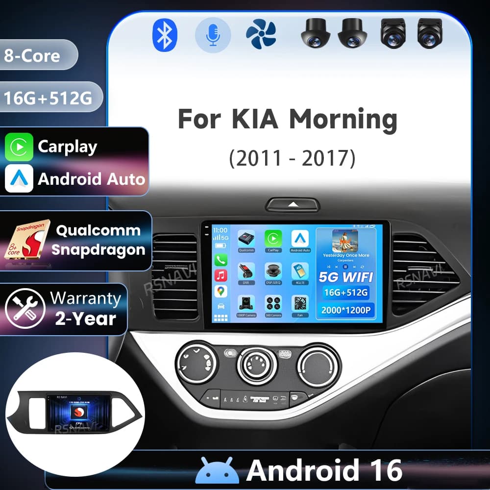 Autoradio Android 16 Qualcomm Carplay AUTO Plug and Play per KIA PICANTO Morning 2011-2016 Navigazione BT Video Stereo Multimedia
