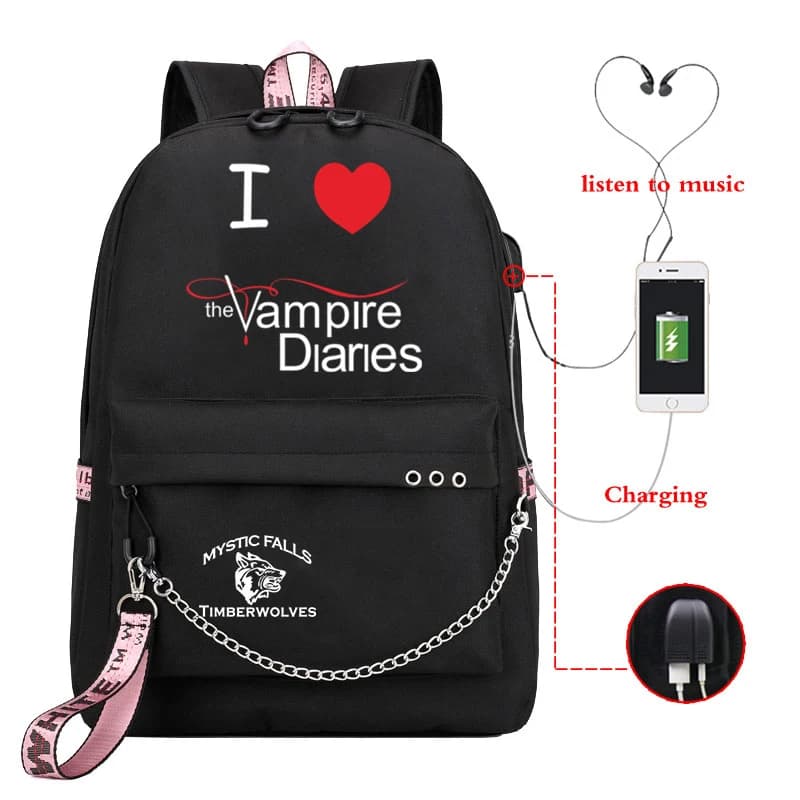 I Love The Vampire Diaries Borse da scuola per studenti Ricarica USB Zaino unisex Ragazzo Ragazza Bookbag Zaino da viaggio per laptop Borsa da esterno