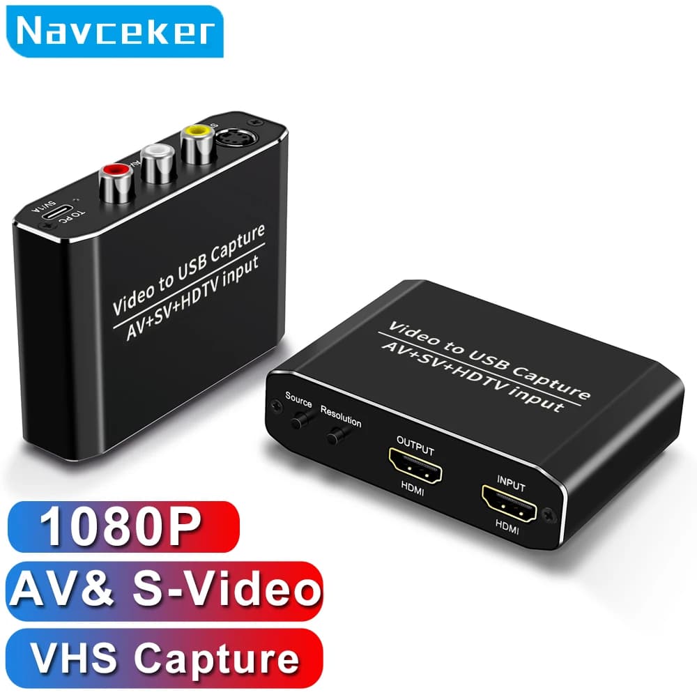 Navceker VHS to Digital USB Video Converter 1080P USB 3.0 VHS AV RCA HDMI Capture Card Recorder Grabber for PC PS2 Wii Camcorder