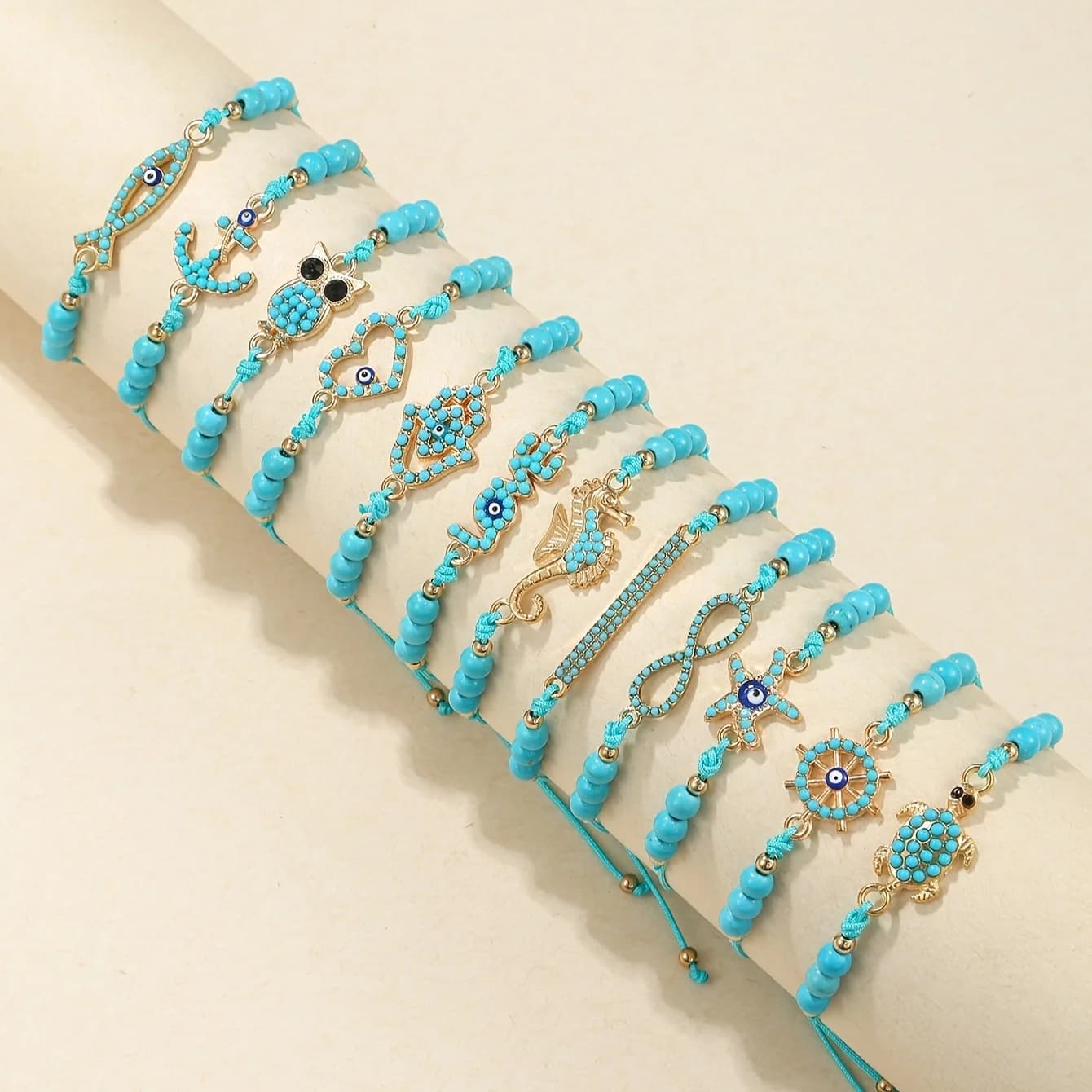 Set da 12 pezzi di stelle marine geometriche intarsiate con turchese e bracciale con perline turchesi bracciale da spiaggia moda estiva