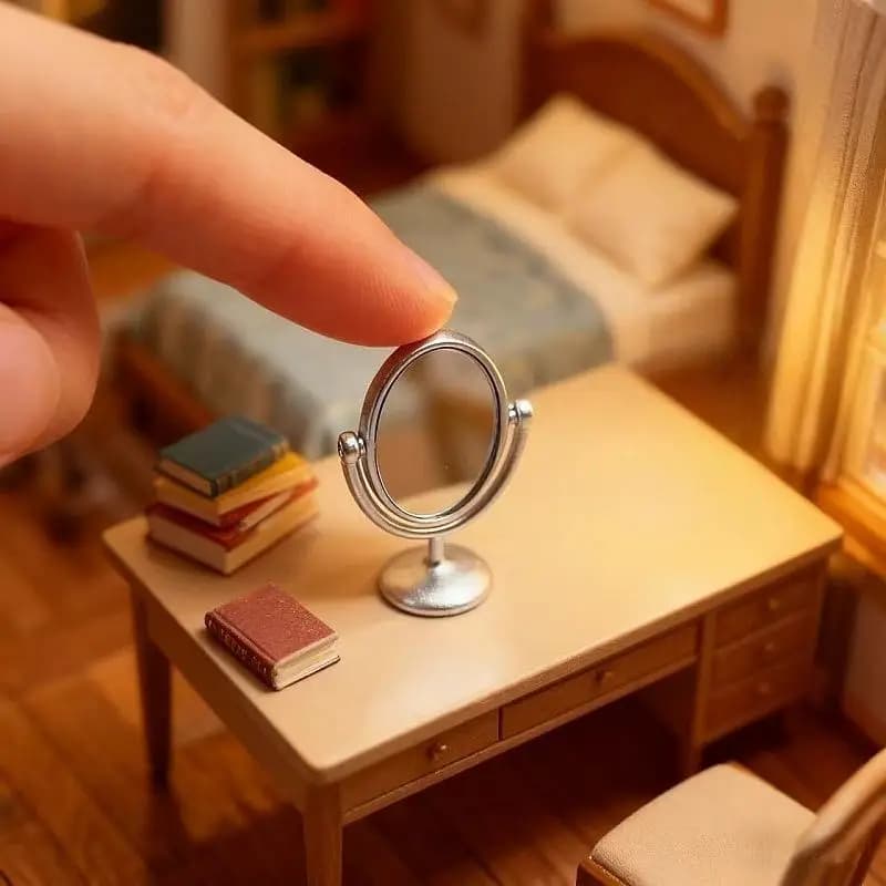 (❤️)1Pc Miniature Retro Mirror Dressing Table Scene Model 1:12 Scale Dollhouse Ornament Vintage Bathroom Furniture