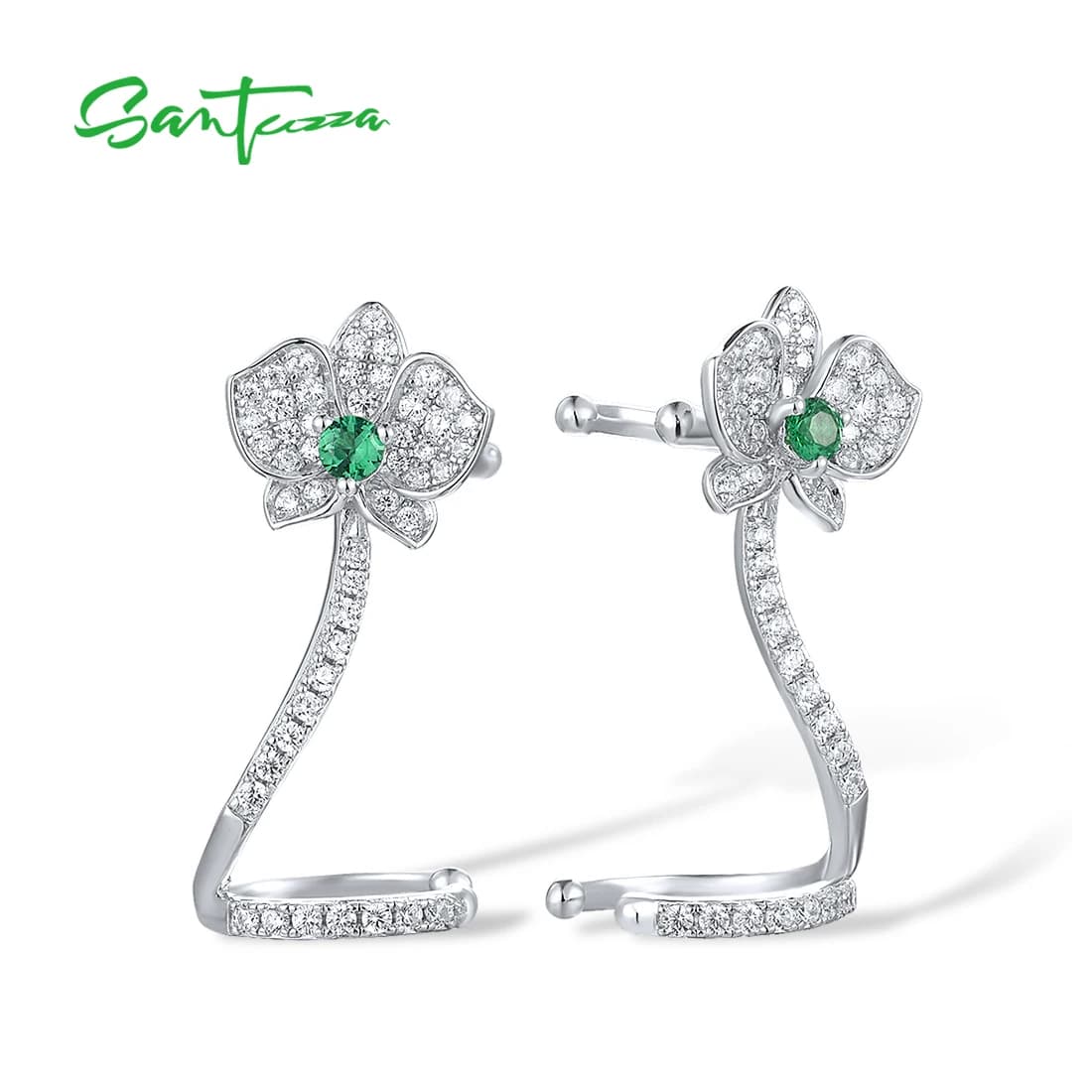 SANTUZZA Orecchini a polsino in argento sterling puro 925 per le donne Scintillante bianco CZ Spinello verde Fiore di orchidea Nessuna perforazione Gioielleria raffinata