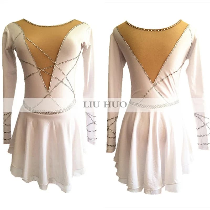 LIUHUO Abito da Pattinaggio di Figura da Donna per Ragazze Prestazioni sul Ghiaccio Bianco Competizione Body Costume Artistico Danza Manica Lunga per Adulti
