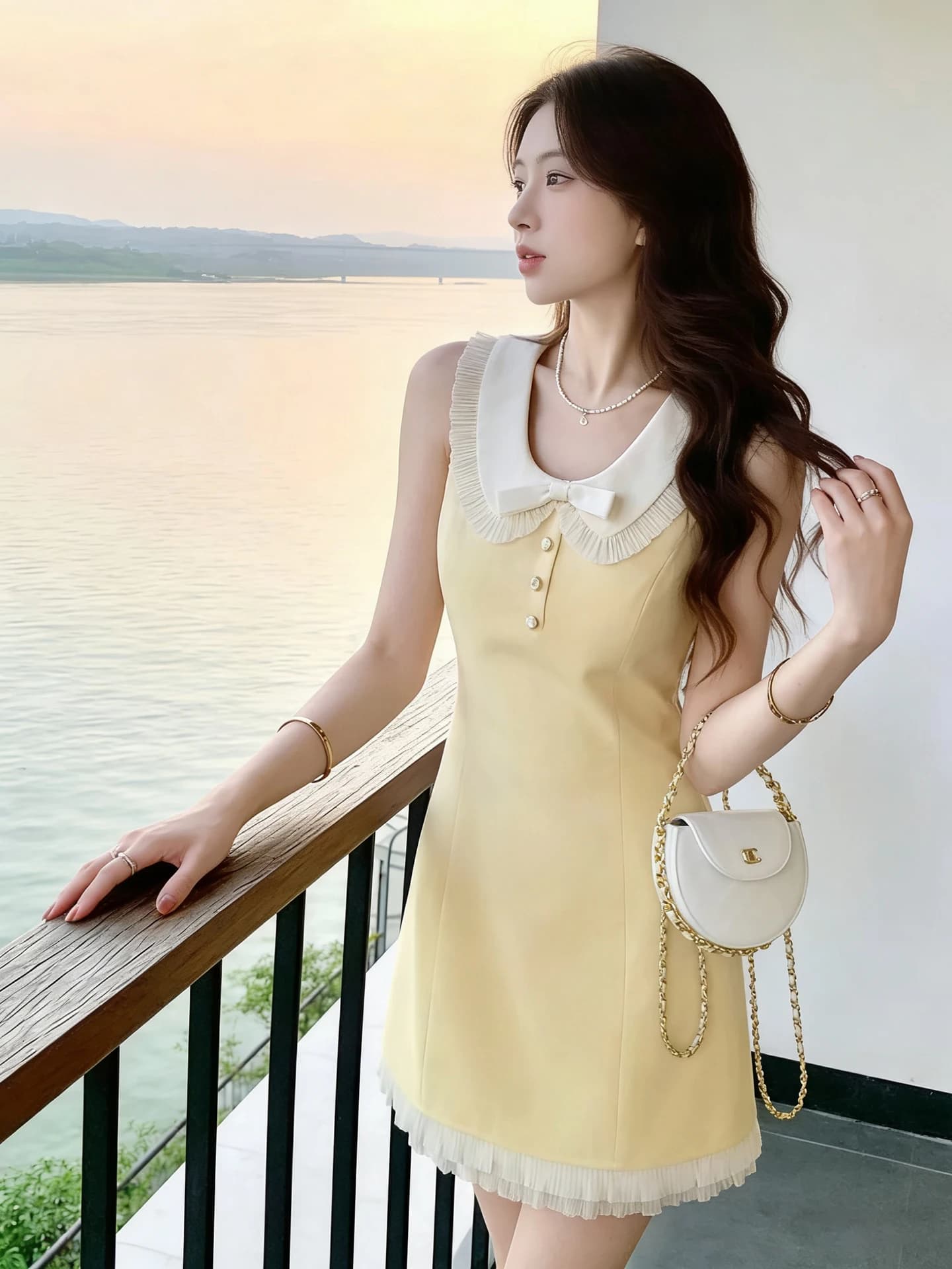 Abito Estivo Giallo con Colletto a Bambola, Design Snellente, Gonna Corta, Vestito da Donna con Vita Stretta, Senza Maniche, Linea ad A, Abito Casual