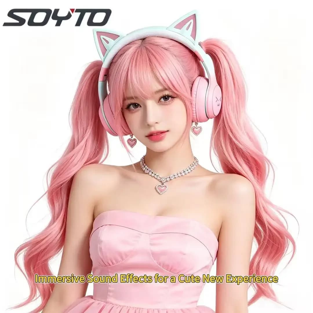 SOYTO Cuffie Bluetooth Pieghevoli con Orecchie di Gatto e Luce RGB Sfumata, Auricolari Wireless Stereo con Bassi Potenti per Gaming, Regolabili e Over-Ear