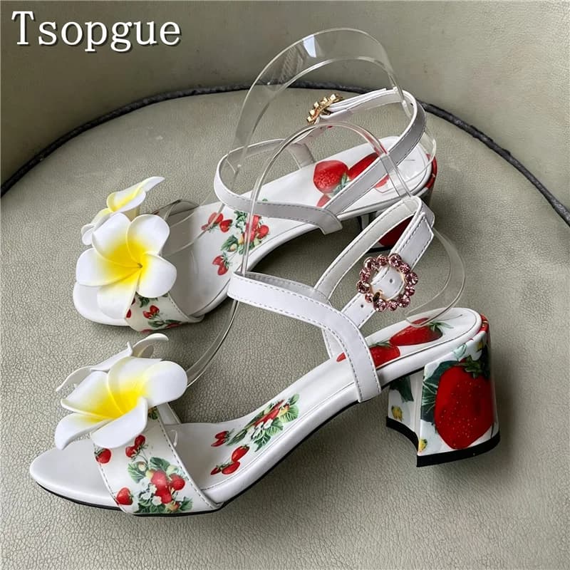 Luxury Design 3D Flower Decor Coarse Heel Sandals Women Summer New Open Toe Floral & Strawberry Print Ankle Strap Heels
