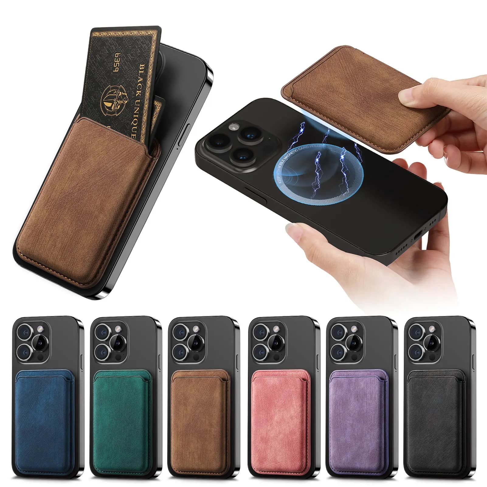 Retro PU leather card bag suitable for universal card wallet with Magsafe magnetic iron ring