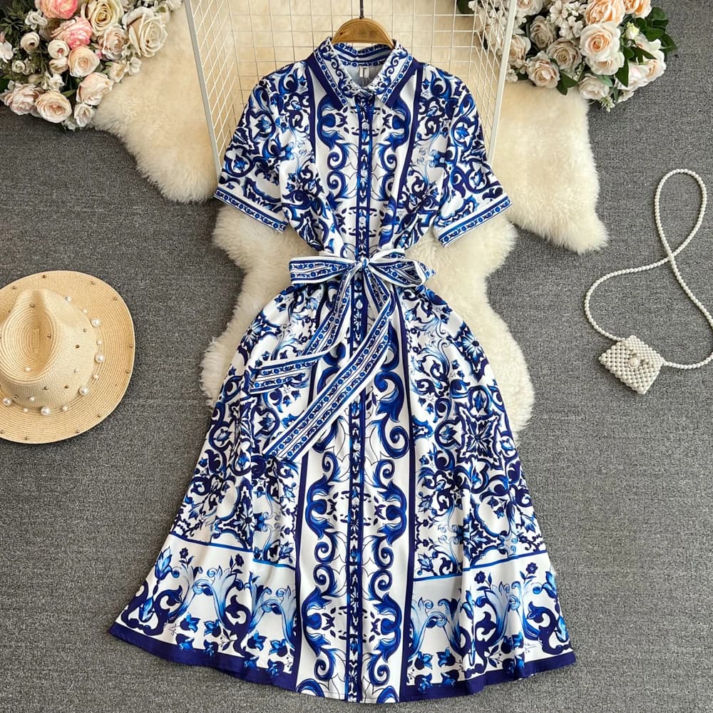 New Summer Holiday Floral Midi Dress Shirt donna blu bianco porcellana stampa abiti donna manica corta monopetto Robe