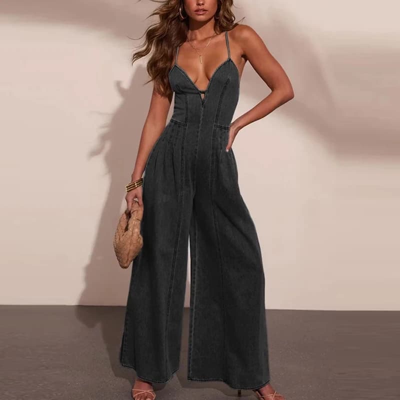 Women Fashion Simple Hight Waist Solid Romper Casual Sleeveless Wide Leg Jeans Playsuits 2026 Elegant Deep V-neck Sling Jumpsuit