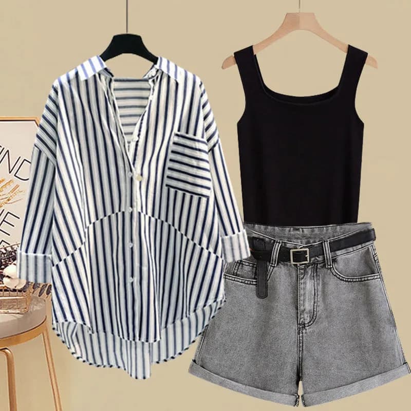 Completo Estivo Donna Taglie Forti: Camicia Modellante Stile Salt System, Pantaloncini in Denim con Bretelle e Set Tre Pezzi – Abbigliamento Casual alla Moda