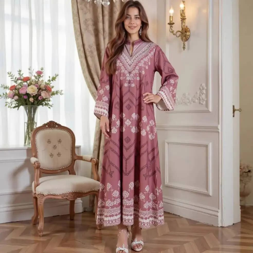 Abito Lungo Musulmano da Donna, Stile Etnico alla Moda, Stampa Casual, Abaya con Perline, Elegante Abito Islamico di Lusso per Ramadan Dubai