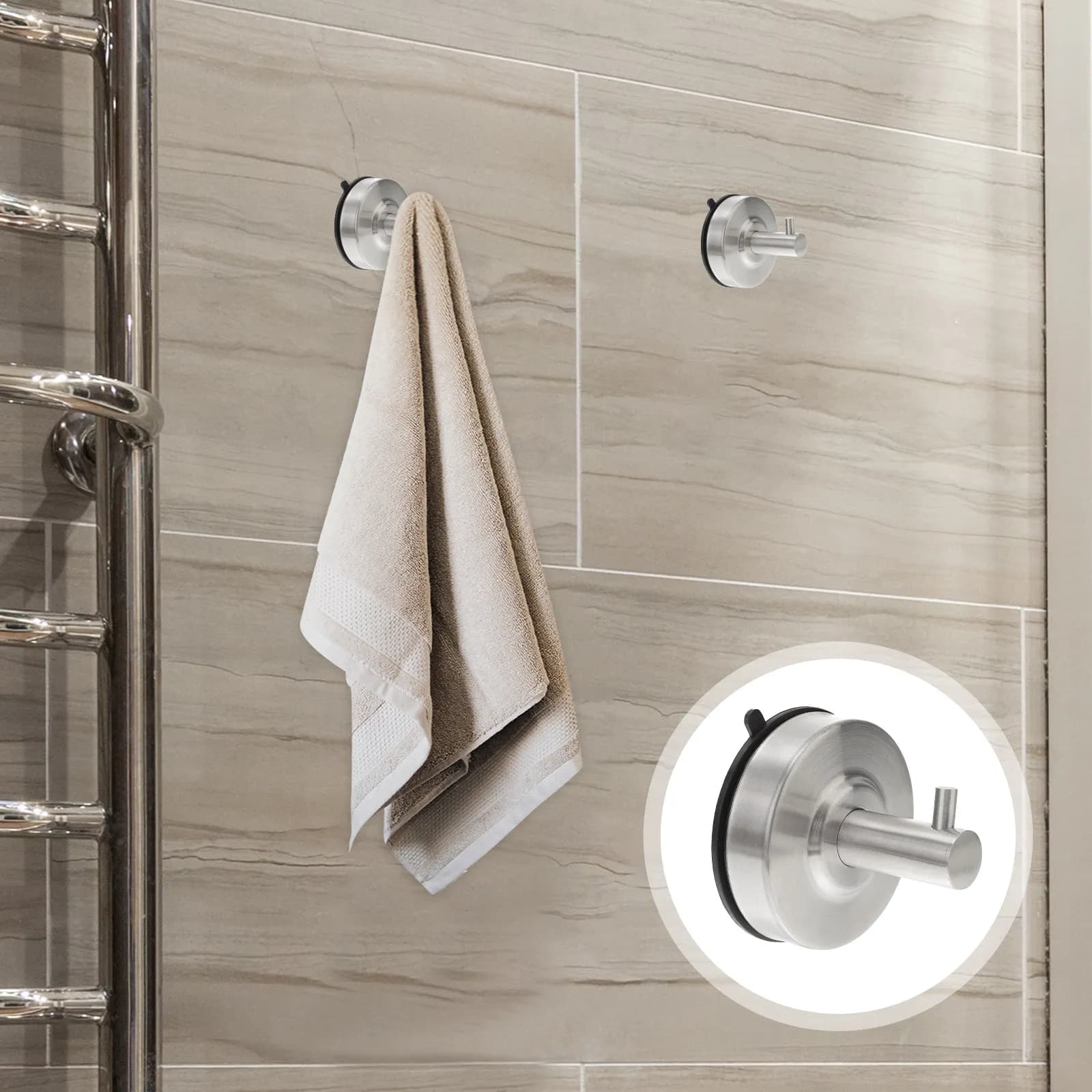 2Pcs Premium Suction Hooks Stainless Steel Shower Hooks for Towels Bathrobes Loofah Kitchen Utensils on Smooth Surfaces