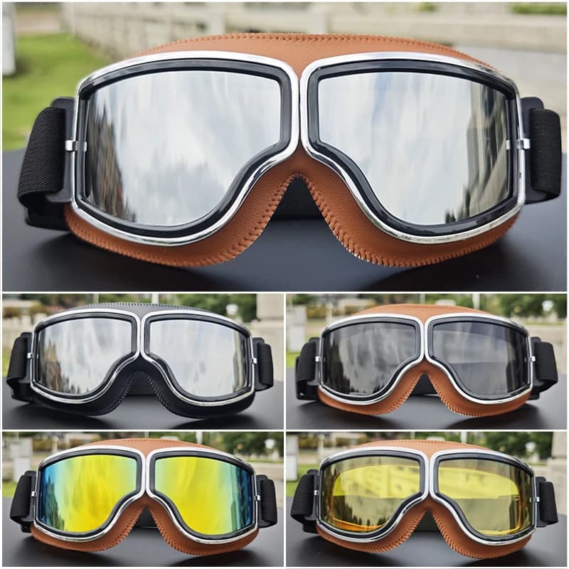 Retro Windproof Helmet Riding Goggles, Breathable HD Lens Eyewear with Adjustable Strap for Outdoor Cycling
